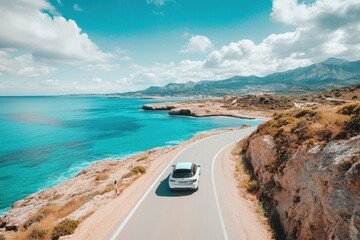 White car driving on the coastal road. road landscape in summer. it's nice to drive on beach side highway. Highway view on the coast on the way to summer vacation. Spain trip on beautiful travel , ai