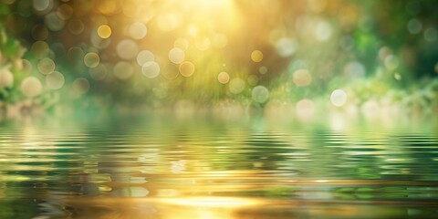 Wall Mural - Abstract image of beige and green strokes with blurred watery reflections and warm diffused glow