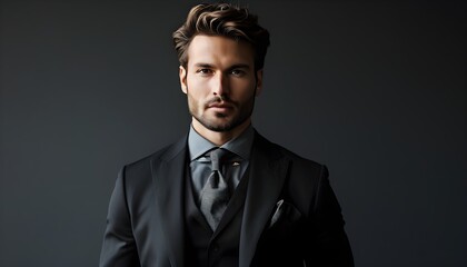 Stylish portrait of a confident man in a black suit with a gray shirt and tie set against a dark background