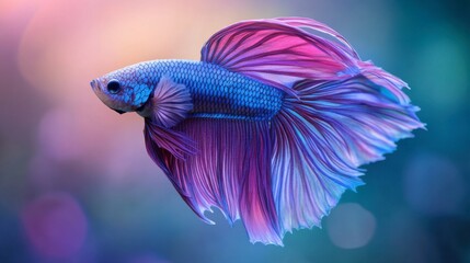 A majestic betta fish with long, flowing fins in shades of purple and blue, captured mid-swim in a softly lit tank.