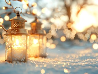 Sticker - Enchanting lanterns glowing on snowy ground, creating a magical winter atmosphere with soft golden light and beautiful bokeh.