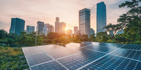 Poster - solar panels powering a modern city with renewable energy