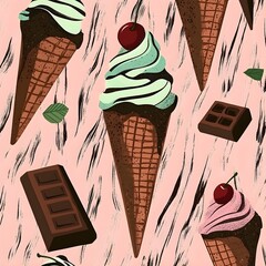 Wall Mural - Ice Cream Cones with Chocolate and Cherries