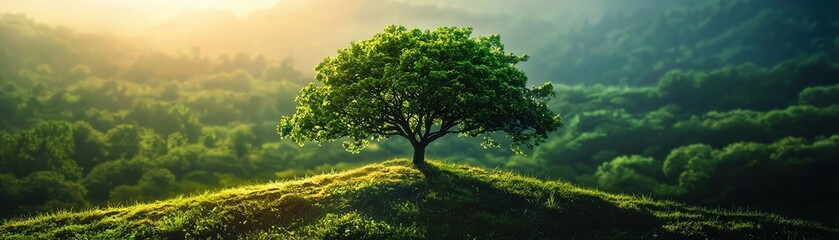 A solitary tree stands majestically on a hill, surrounded by lush greenery and a serene atmosphere under soft sunlight.