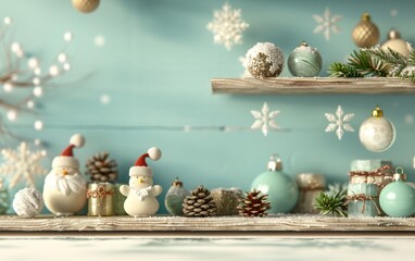 Festive holiday decor with ornaments, snowflakes, and charming figures, creating a warm and inviting winter atmosphere.