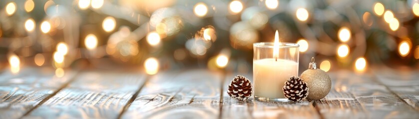 Wall Mural - Warm and cozy holiday scene featuring candles and pine cones on a wooden surface with soft glowing lights in the background.