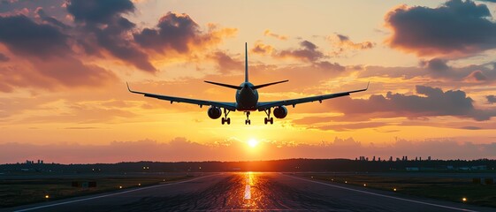 Canvas Print - An airplane approaching for landing at sunset, silhouetted against a vibrant sky filled with clouds and warm colors.