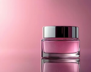 Shimmering cosmetic cream jar on a reflective surface, glowing softly with holographic particles, futuristic clean aesthetic, pastel tones