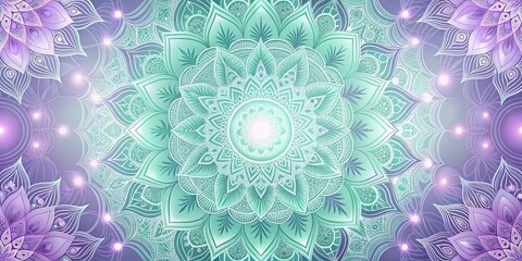 Abstract lavender and mint mandala patterns with glowing elements