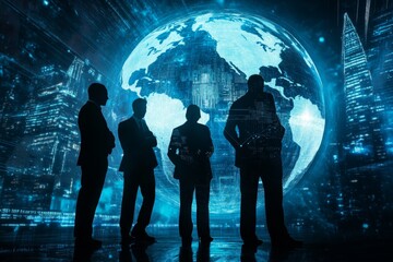 Business professionals silhouetted against a digital earth in a futuristic blue themed collage