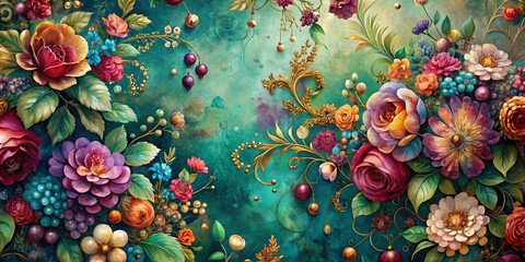 Wall Mural - Enchanting wallpaper with liquid-like textures, jewel tones, and floral patterns for a mesmerizing home decor aesthetic