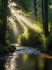 Sticker - Sunbeams filter through dense trees, illuminating a peaceful stream.