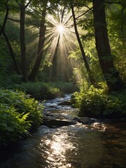 Sticker - Sunbeams filter through dense trees, illuminating a peaceful stream.