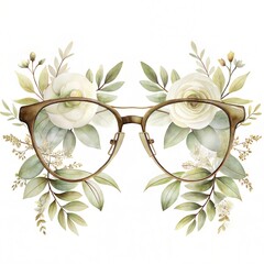 Stylish glasses illustration adorned with floral accents and greenery
