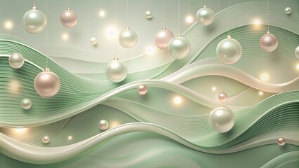 Wall Mural - Sage green and pale pink wallpaper with wave-like shapes and luminous orbs creating a dreamy and ethereal vibe