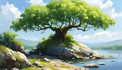 vibrant painting of a majestic green tree thriving atop rocky ground by a serene riverbank