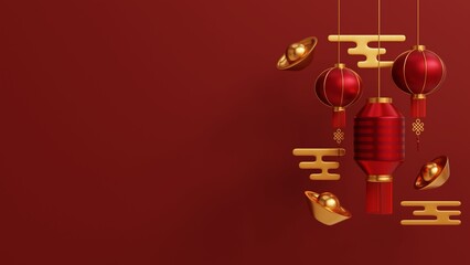 Wall Mural - Happy chinese new year 3d rendered red background. Chinese ornament copy space background