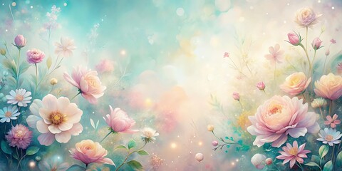 Wall Mural - Dreamy and ethereal background featuring pastel flowers, watercolor textures, and flowing gradients