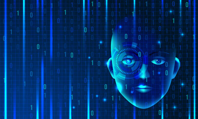 artificial intelligence blue futuristic neon banner. binary code. vector stock illustration.