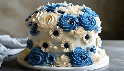 Elegant blue and white fondant cake adorned with exquisite icing flowers, a stunning design for a birthday celebration