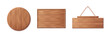 © klyaksun - 3d wood texture sign board. Wooden plank frame for saloon. Realistic vintage nail bar for text in game. Timber ui interface pointer template icon set. Empty hanging on rope plain banner design