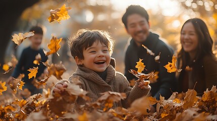 A joyful family playing in a park filled with colorful autumn leaves, the children tossing leaves into the air, parents smiling as they watch, warm sunlight illuminating the scene,