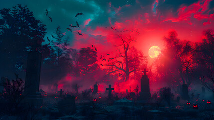 Canvas Print - Spooky Halloween in the haunted forest graveyard with bats and scary trees. Happy Halloween Background