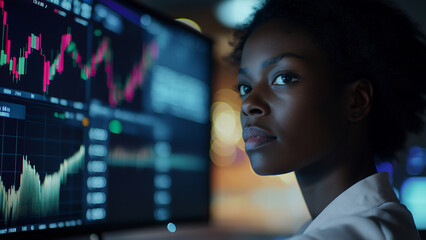 Black female stock trader, currency exchange, crypto currency, investor, copy space, looking at the subject with a serious or sad expression
