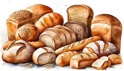 Colorful Watercolor Illustration of Various Bread Types on White Background