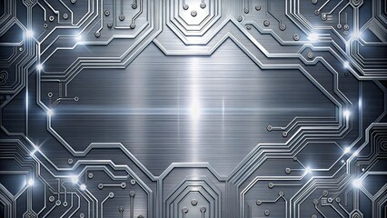 Futuristic circuitry and grids in silver and titanium tech backdrop