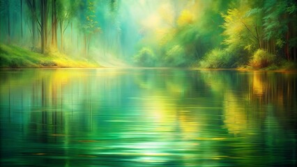 Wall Mural - Abstract painting of soft green and sandstone brush strokes with watery reflections and warm glowing light