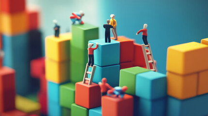 concept of character building games to build a good teamwork among office worker, illustration