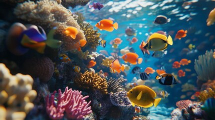 A school of bright tropical fish swimming near a coral reef, with various shapes and colors creating a stunning underwater view.