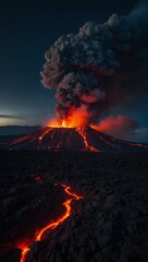 Poster - Nighttime volcano eruption with lava flow.