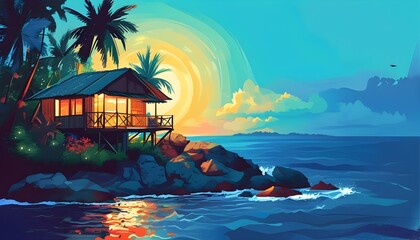 Enchanting evening glow over a charming cottage on a tropical island with a stunning gradient sky and warm sunlight