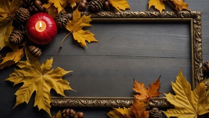 Poster - Ornate fall decoration frame with maple leaves and acorns.