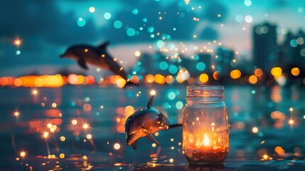 Wall Mural - Sparklers_in_a_glass_jar_that_bokeh_cities