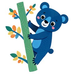 Cute cartoon baby bear climbing tree illustration isolated on white background