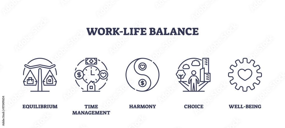 Work life balance for career and family success outline icons ...