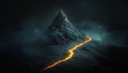 Dramatic volcanic eruption at night illuminating the mountain landscape with glowing lava flow