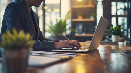 Wall Mural - Businesspeople working in office with laptop in a portrait shot with copy space, plain background