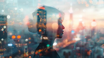 Wall Mural - digital double exposure of persons silhouette filled with bustling cityscape, background, copy space