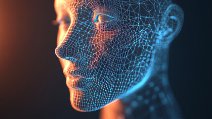 A 3D face recognition system uses biometric scanning to identify people. This technology is based on a wireframe model of a face and is used for security and identification purposes.low poly