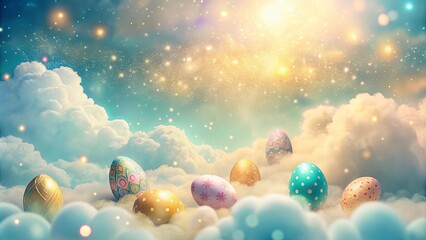 Wall Mural - A serene abstract backdrop with cloud-like textures and shimmering dots for a Happy Easter celebration