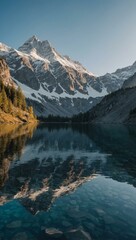 Canvas Print - Serene reflection of mountains in a crystal-clear lake.