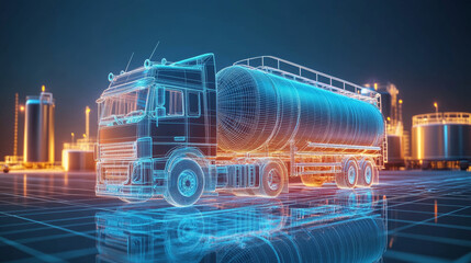 A 3D image of an oil truck, fuel tanker, and storage tanks. The image is made up of simple lines and shapes, like a wireframe model.low poly vector illustration.