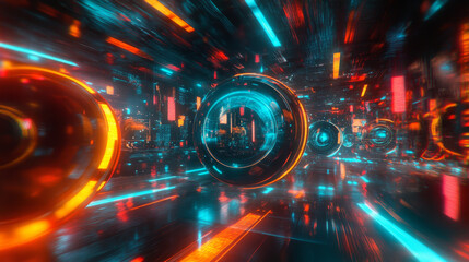 A 3D image showing a futuristic scene with glowing lights and abstract shapes. It's like a 360-degree view of a virtual world.