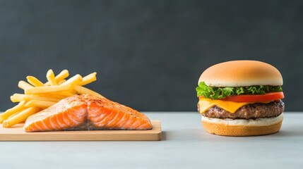 The plate is white and the food of salmon and vegetables.