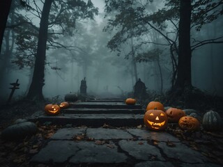 Poster - Spooky Halloween scene with a stone platform, pumpkins, and skeletons in a foggy forest.