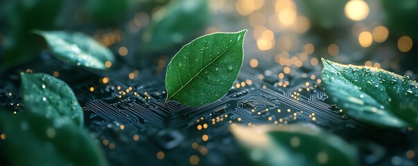 Green technology visualization with leaves sprouting from a circuit board at night, softly illuminated by ambient lighting, combining tech and nature